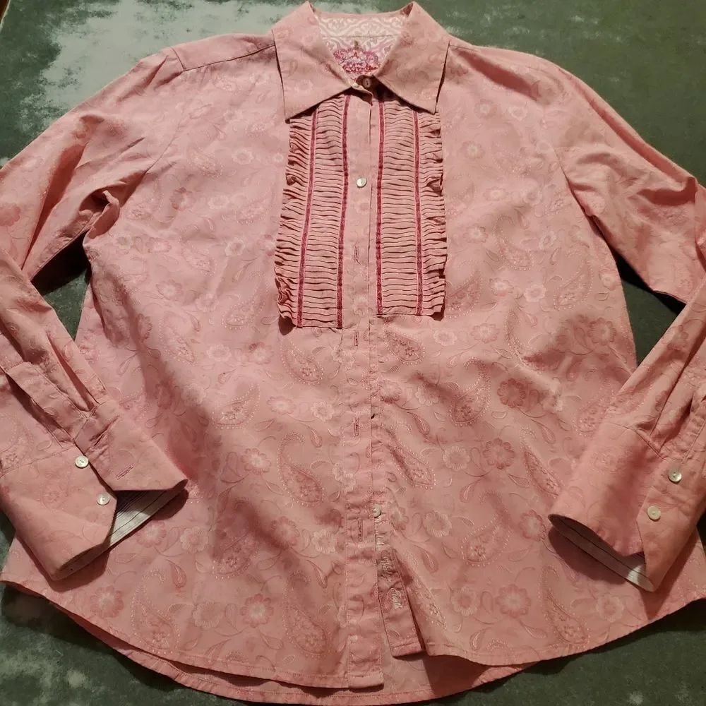 Robert Graham pink paisley ruffle front button down shirt sz large